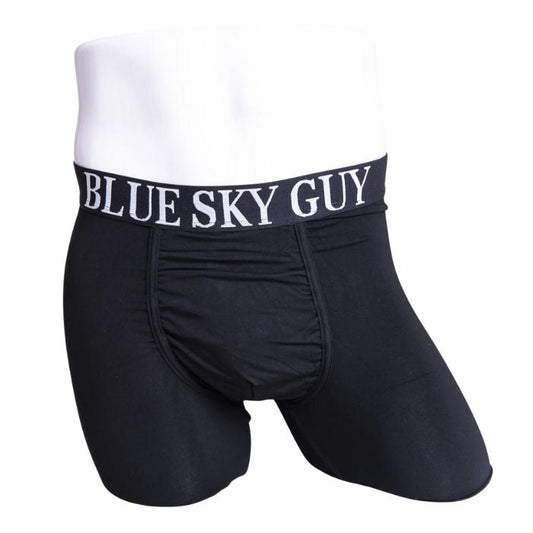 body of white male mannequin wearing black middle man boxer brief undershorts front view on white background