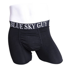body of male mannequin wearing middle man black boxer brief undershorts front view on white background