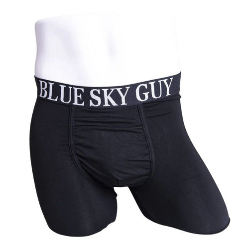 body of male mannequin wearing middle man black boxer brief undershorts front view on white background