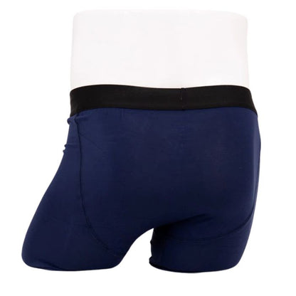 body of white male mannequin wearing indigo blue middle man boxer brief undershorts back view on white background