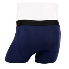 body of male mannequin wearing middle man indigo blue boxer brief undershorts back view on white background