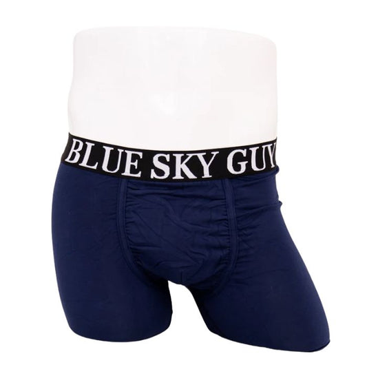 body of white male mannequin wearing indigo blue middle man boxer brief undershorts front view on white background