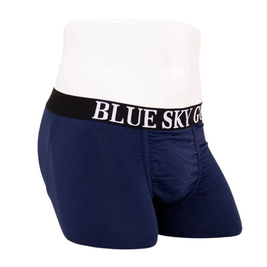 body of white male mannequin wearing indigo blue middle man boxer brief undershorts side view on white background