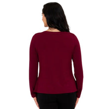 top of female model wearing mona burgundy red long sleeve top back view on white background