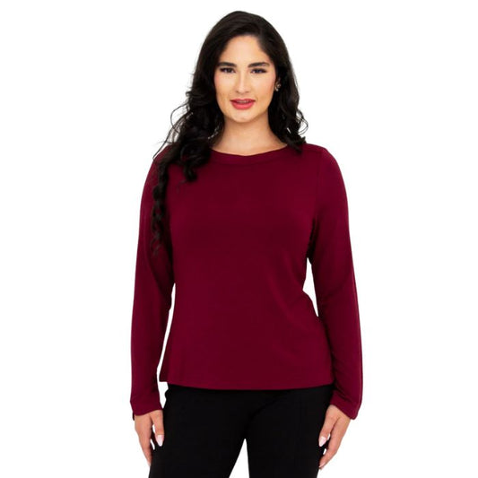top of female model wearing mona burgundy red long sleeve top front view on white background