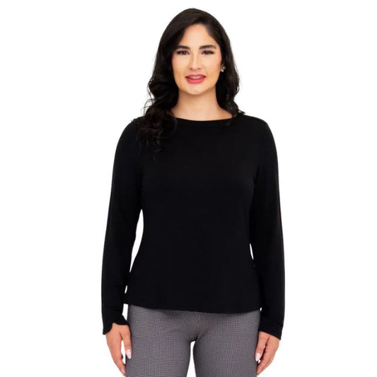 woman wearing black mona top front view set on a white background