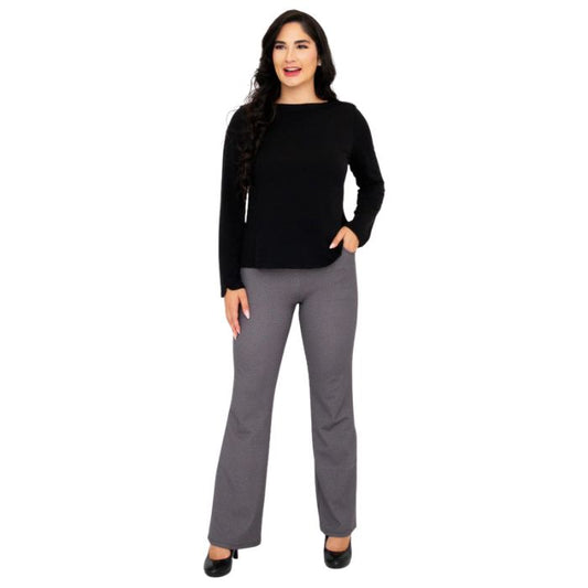 woman wearing black mona top and daya pants front view set on a white background