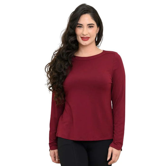 woman wearing burgundy red mona top front view set on a white background