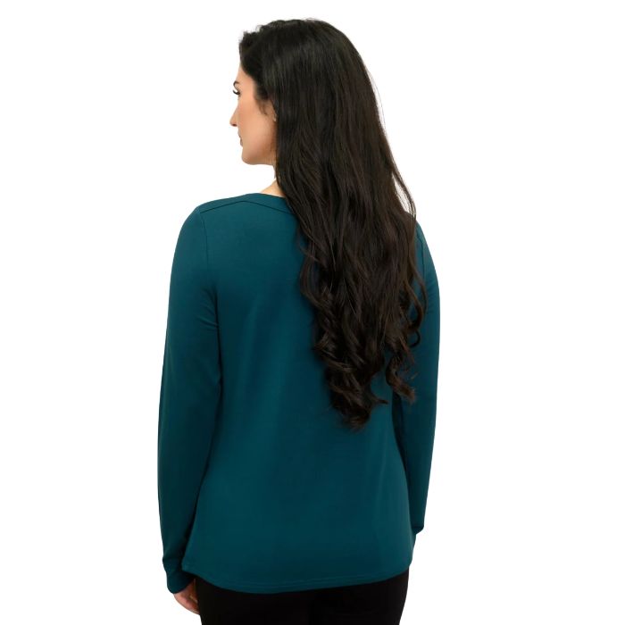 woman wearing crystal teal green mona top back view set on a white background