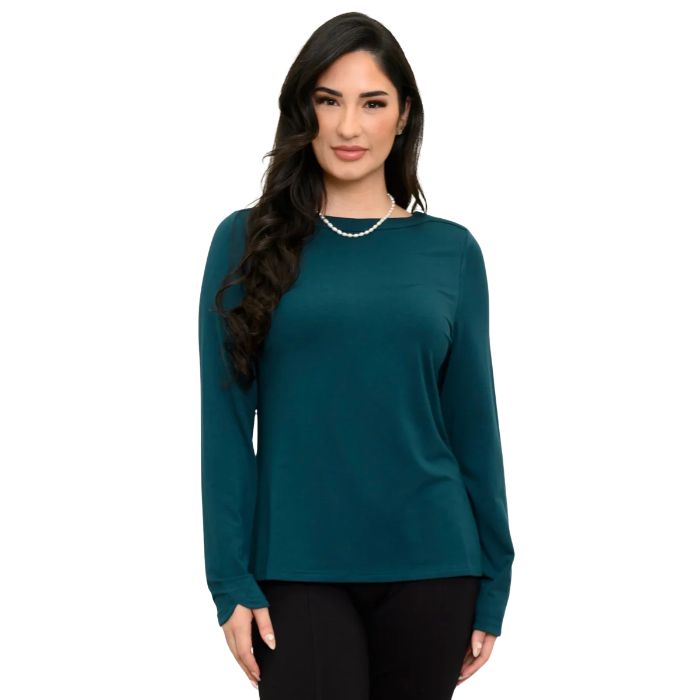 woman wearing crystal teal green mona top front view set on a white background