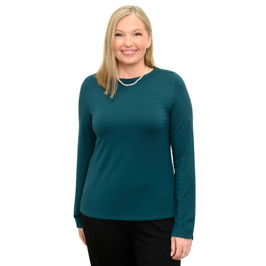 woman wearing crystal teal green mona top front view set on a white background