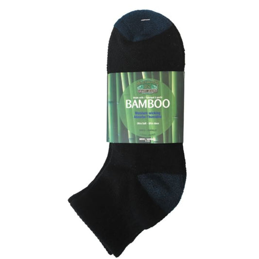 package of three moneysworth & best black ankle socks with blue heel and toe on white background
