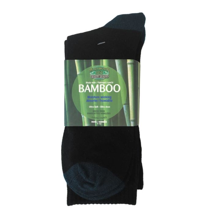 package of three pairs moneysworth & best black dress crew socks with blue heel and toe on white background