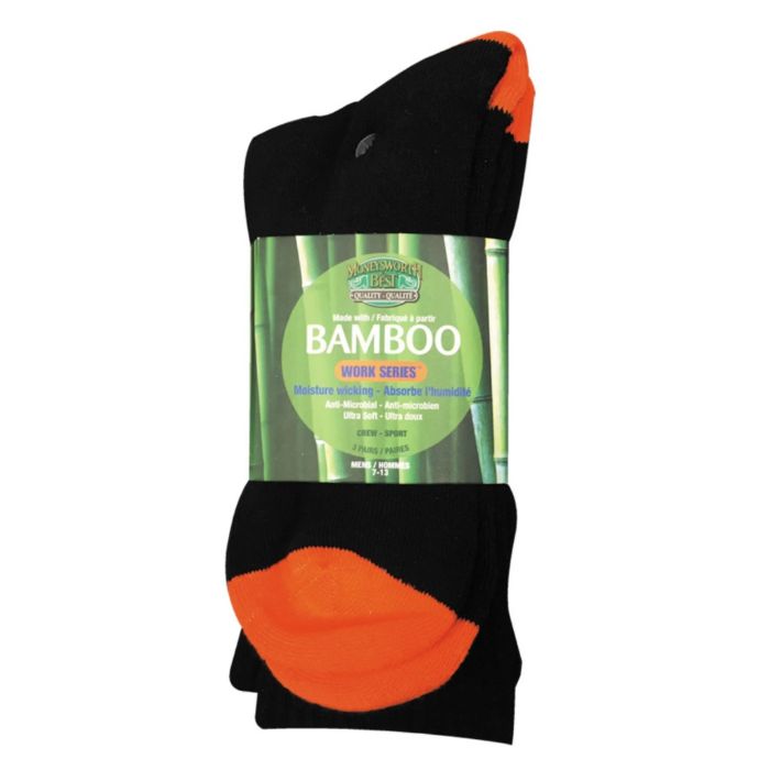 package of three pairs moneysworth & best black work crew socks with orange heel and toe on white background