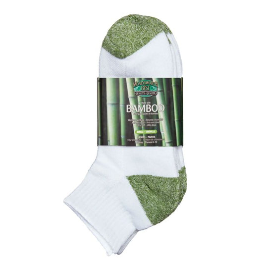 package of three moneysworth & best white ankle socks with green heel and toe on white background