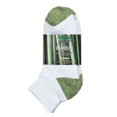 package of three moneysworth & best white ankle socks with green heel and toe on white background