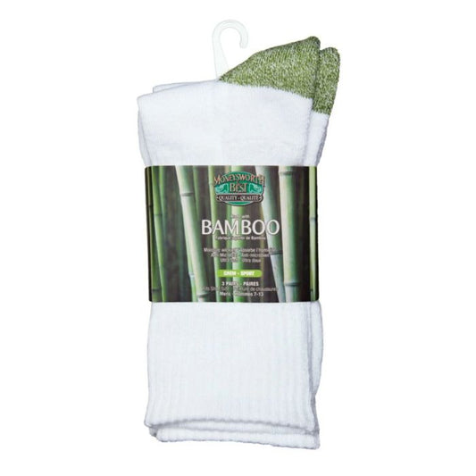 package of three pairs moneysworth & best white sports crew socks with green heel and toe on white background