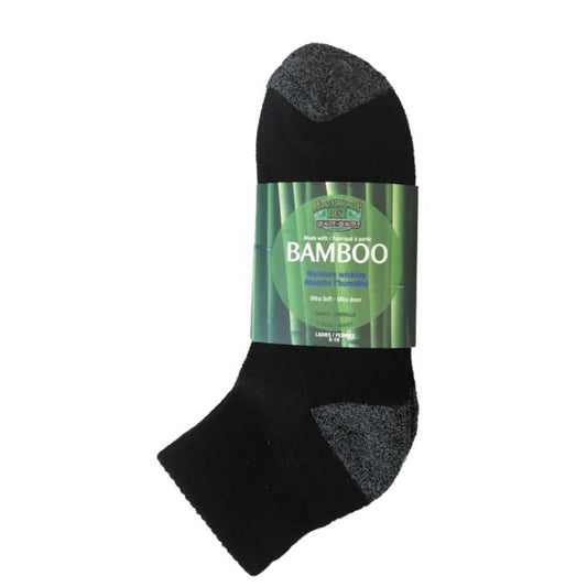 package of three pairs moneysworth & best black ankle socks with grey heel and toe on white background