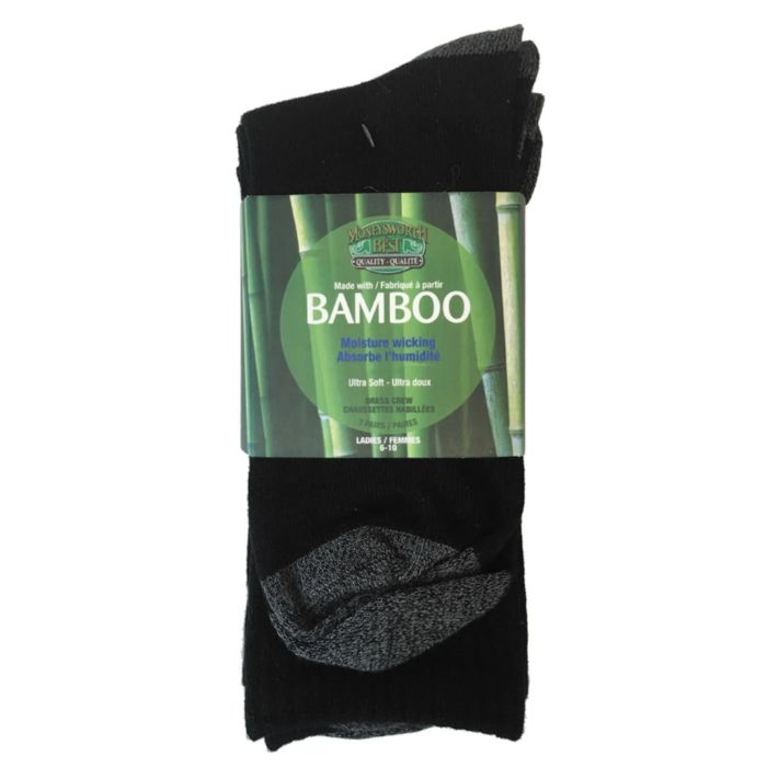 package of three pairs moneysworth & best black dress crew socks with grey heel and toe on white background