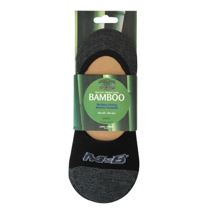 package of three pairs moneysworth & best black invisible socks with grey heel and toe on white background