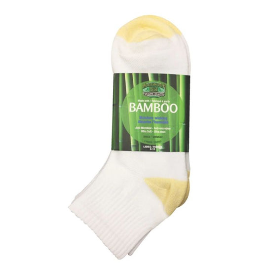 package of three pairs moneysworth & best white ankle socks with yellow heel and toe on white background