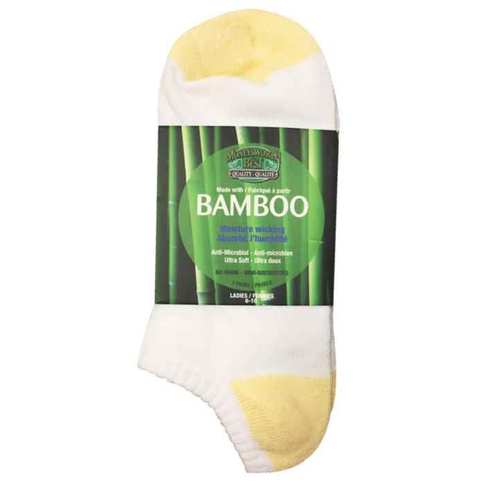 package of three pairs moneysworth & best white no show socks with yellow heel and toe on white background