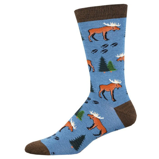 moose track sock, blue crew sock with pine trees, moose and moose track print on white background
