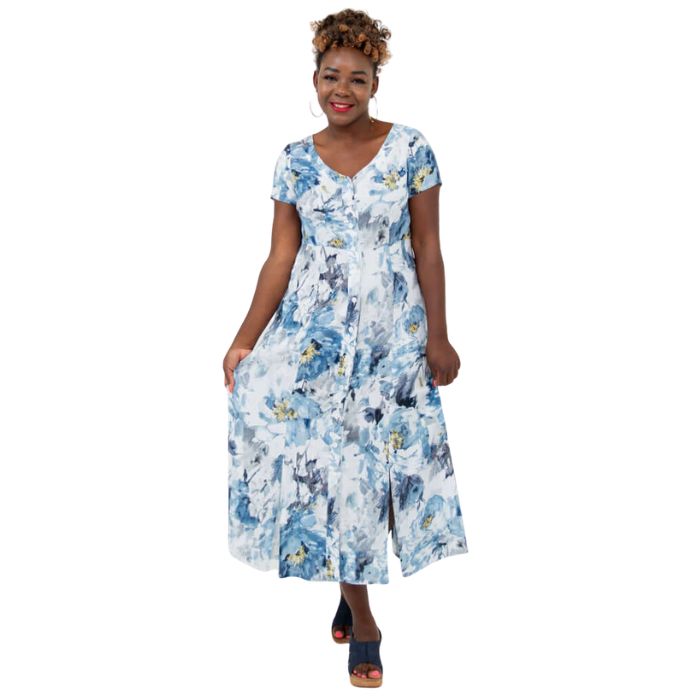 female model wearing muse print morgan dress front view on white backgreond