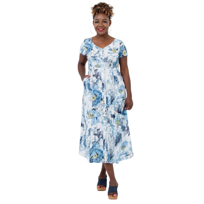 female model wearing muse print morgan dress front view on white backgreond