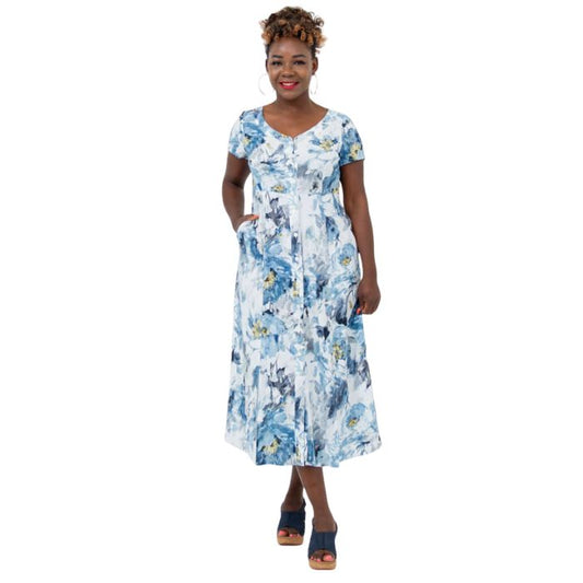 female model wearing muse print morgan dress front view on white backgreond