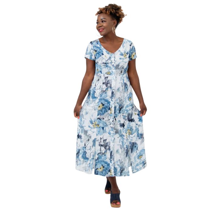 female model wearing muse print morgan dress front view on white backgreond