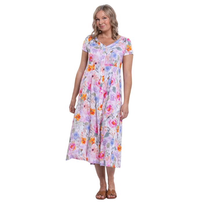 female model wearing pink bouquet print morgan dress front view on white backgreond