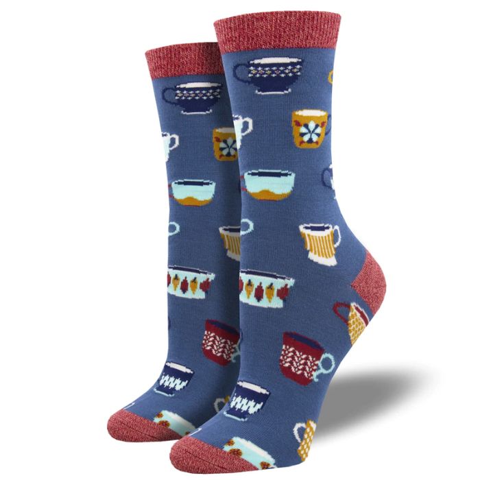 mug décor socks blue crew socks with colorful coffee mug print on white background