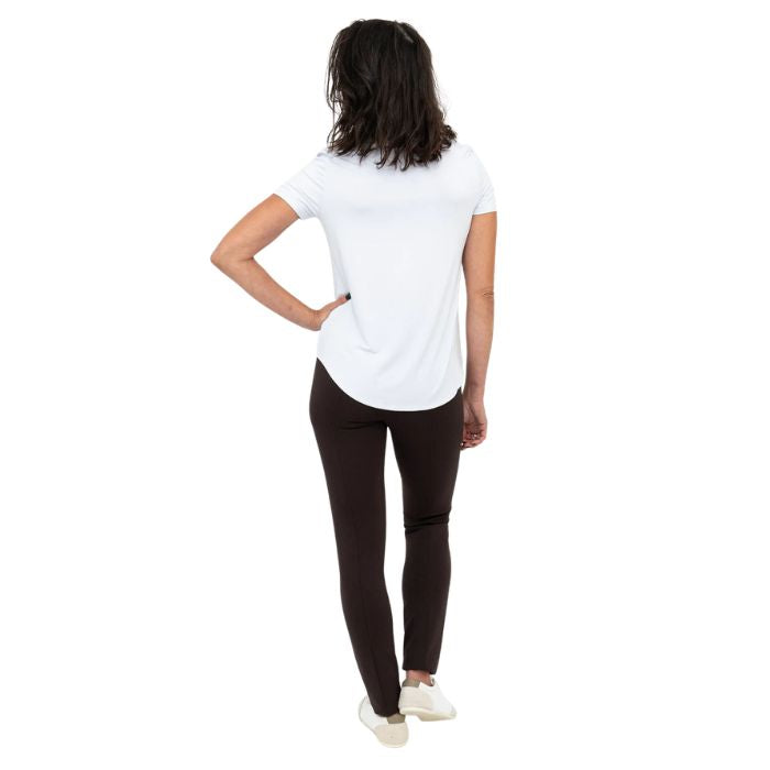 female model wearing coffee brown nadia pants and white tessa top back view on white background