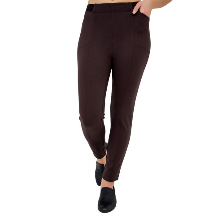 bottom of female model weaing coffee brown nadia pants front view on white background