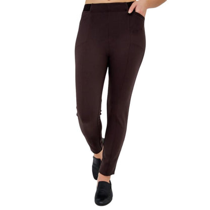 bottom of female model weaing coffee brown nadia pants front view on white background