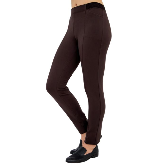 bottom of female model weaing coffee brown nadia pants side view on white background