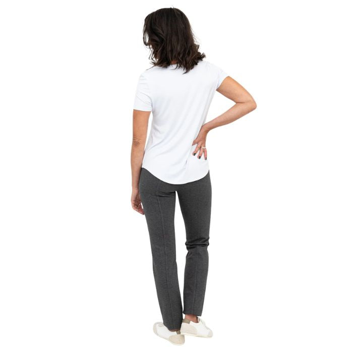 female model wearing granite grey nadia pants and white tessa top back view on white background