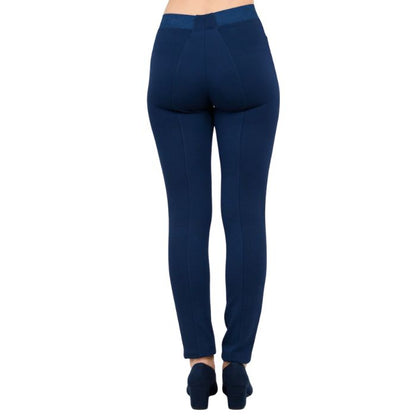 bottom of female model weaing indigo blue nadia pants back view on white background