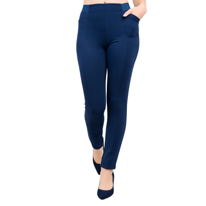 bottom of female model weaing indigo blue nadia pants front view on white background