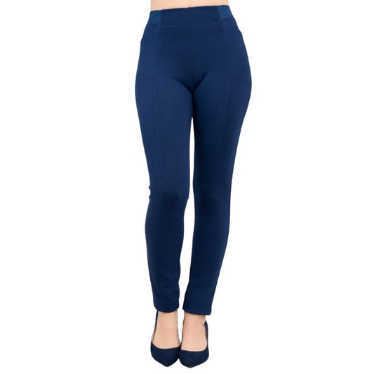 bottom of female model weaing indigo blue nadia pants front view on white background