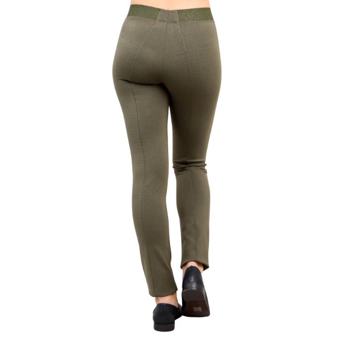 bottom of female model weaing khaki green nadia pants back view on white background