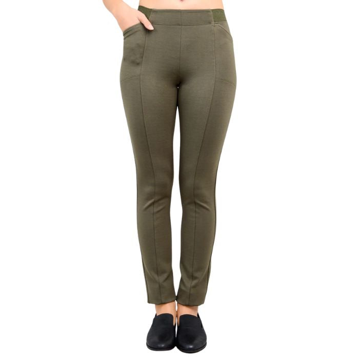 bottom of female model weaing khaki green nadia pants front view on white background