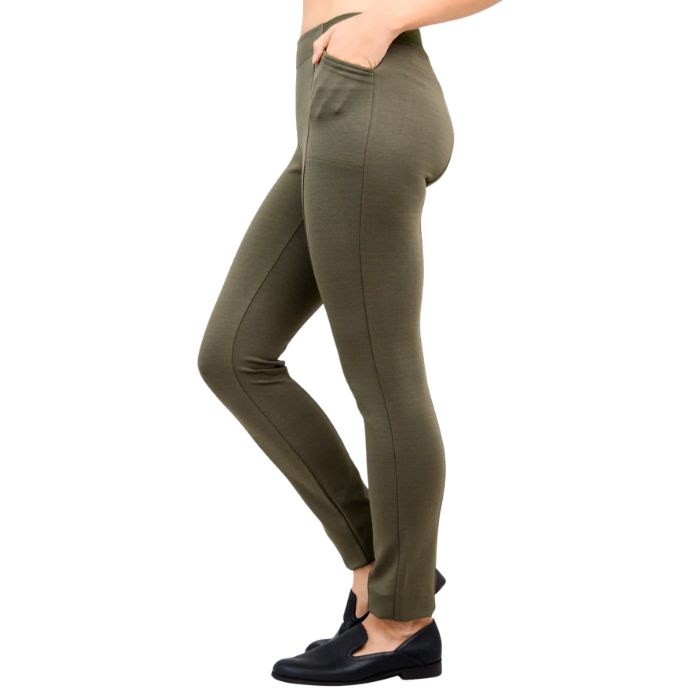 bottom of female model weaing khaki green nadia pants side view on white background