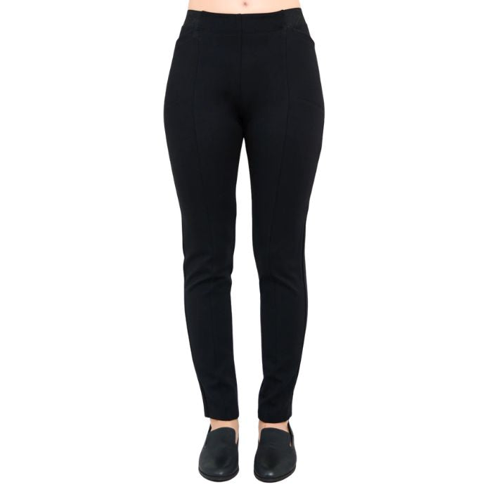 female model weaing black petite nadia pants front view on white background