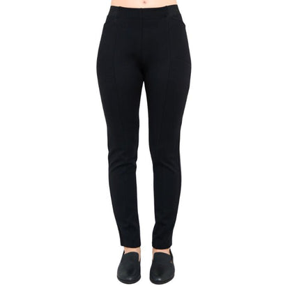 female model weaing black petite nadia pants front view on white background