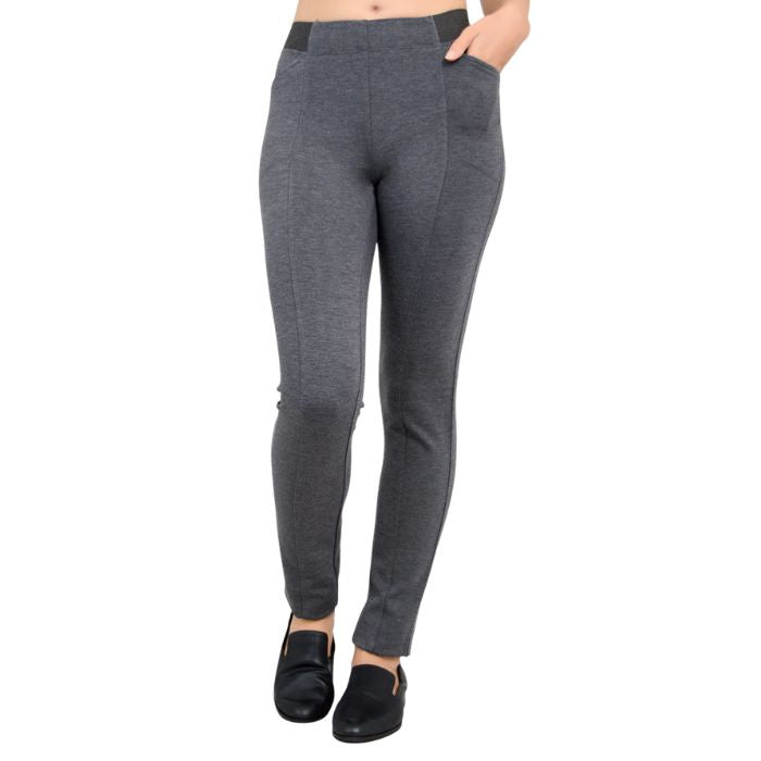 female model weaing granite grey petite nadia pants front view on white background