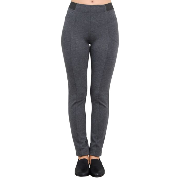 female model weaing granite grey petite nadia pants front view on white background