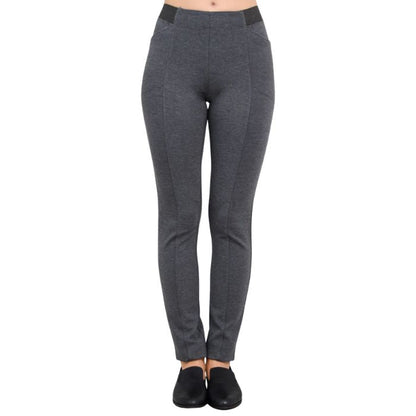 female model weaing granite grey petite nadia pants front view on white background