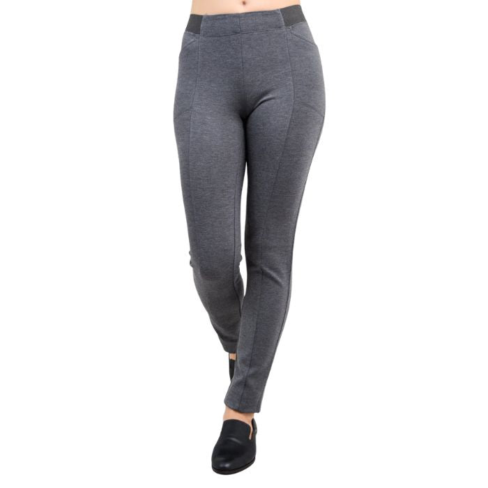female model weaing granite grey petite nadia pants front view on white background